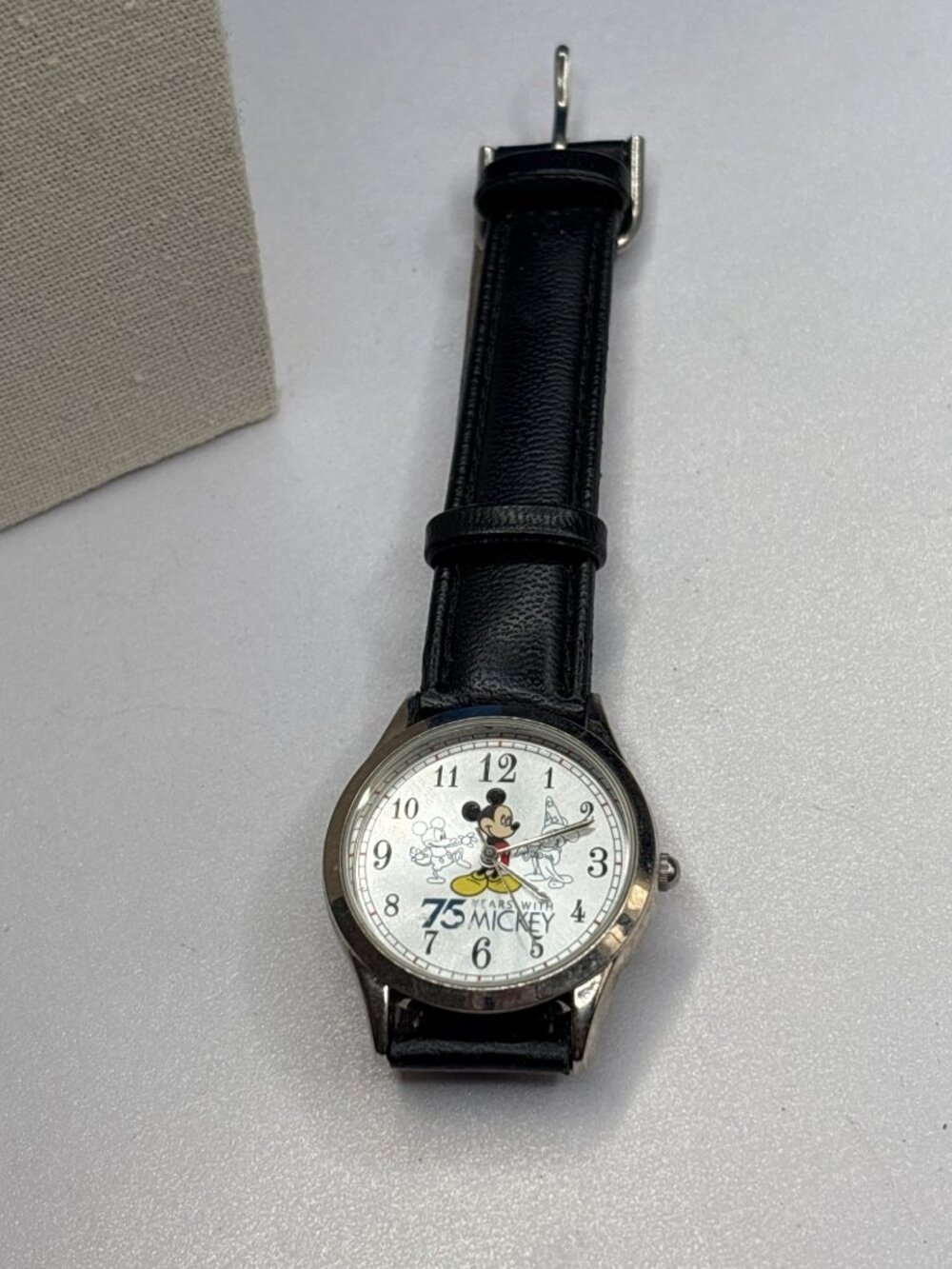 Disney Mickey Mouse 75th Anniversary Watch Silver Dial Black Leather Band Japan